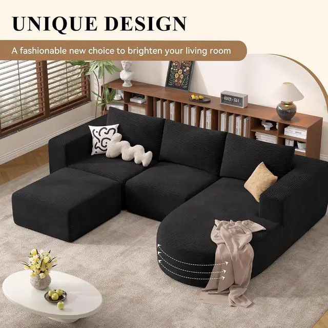Alt view image 3 of 7 - Boneless Couches for Living Room with Chaise,104" Modular Sectional Sofa with Convertible Ottoman,Cozy Cloud Couch with U-Shaped,Sponge Compression Sofas in a Box,No Assembly Required(Black) 1pcs