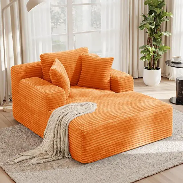 Main image of 51'' Oversized Chaise Lounge Chair Indoor, Non-Assembly Deep Seat Sofa Bed Corduroy Sleeper Cloud Boneless Couch with 2pcs Pillows for Reading Living Room-Orange
