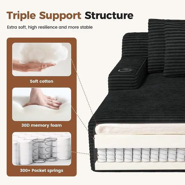 Alt view image 6 of 7 - 80'' Double Chaise Lounge Chair Indoor, Non-Assembly Deep Seat Sofa with Cup Holders Boneless Bed with 4pcs Pillows for Living Room Bedroom, Black- Corduroy