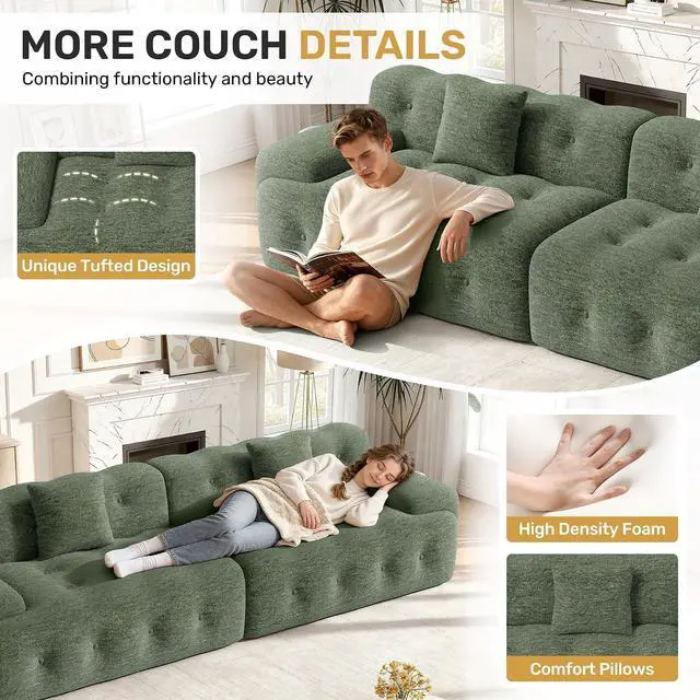 Alt view image 6 of 7 - 113" Modern Boneless Couches for Living Room, Oversized 3 Seater Cloud Couch, Chenille Modular Sectional Sofa, No Assembly Required, Green 1 PCS