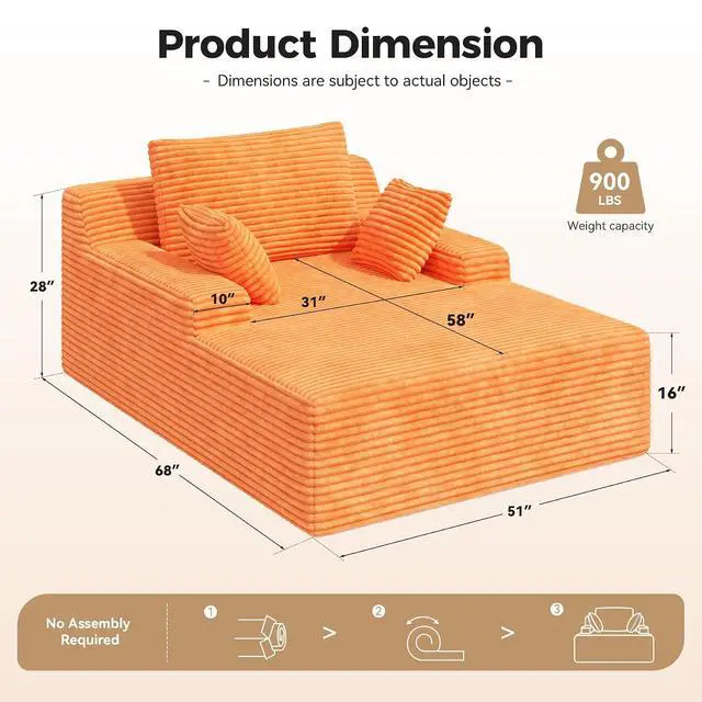 Alt view image 2 of 7 - 51'' Oversized Chaise Lounge Chair Indoor, Non-Assembly Deep Seat Sofa Bed Corduroy Sleeper Cloud Boneless Couch with 2pcs Pillows for Reading Living Room-Orange
