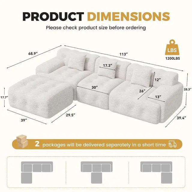 Alt view image 2 of 7 - 113" Modern Boneless Couches for Living Room, L Shaped Cloud Couch Sectional, Chenille Convertible Modular Sofa Set, No Assembly Required, Beige 1 PCS