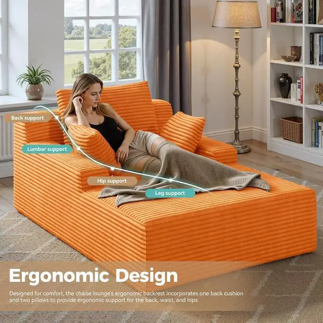 Alt view image 3 of 7 - 51'' Oversized Chaise Lounge Chair Indoor, Non-Assembly Deep Seat Sofa Bed Corduroy Sleeper Cloud Boneless Couch with 2pcs Pillows for Reading Living Room-Orange