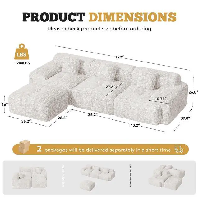 Alt view image 2 of 7 - 122" Modern L Shaped Modular Sectional Sofa, Boneless Couches for Living Room with Ottoman,4 Seater Convertible Chenille Cloud Couch Sofa Set, No Assembly Required, Beige 1 PCS