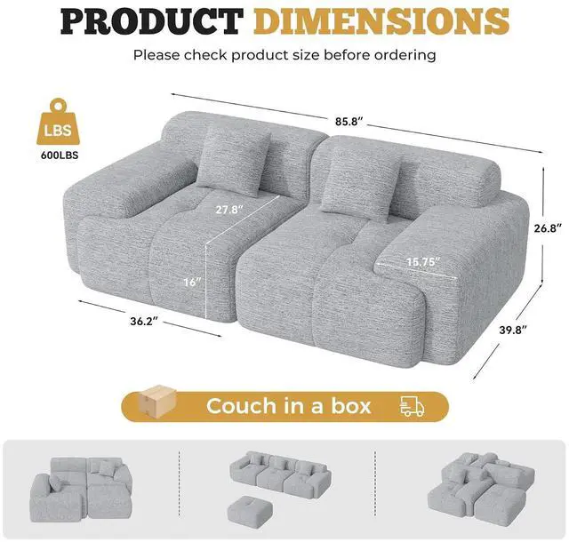 Alt view image 2 of 7 - 85" Cloud Loveseat Sofa in a Box, Modern Small Couch No Assembly Required, Comfy Deep Seat Boneless Couches for Living Room, Bedroom, Apartment, Light Grey 1 PCS