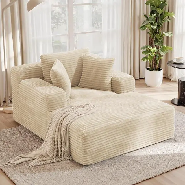 Main image of 51'' Oversized Chaise Lounge Chair Indoor, Non-Assembly Deep Seat Sofa Bed Corduroy Sleeper Cloud Boneless Couch with 2pcs Pillows for Reading Living Room-Khaki