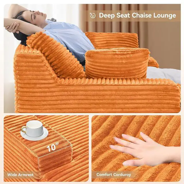 Alt view image 4 of 7 - 51'' Oversized Chaise Lounge Chair Indoor, Non-Assembly Deep Seat Sofa Bed Corduroy Sleeper Cloud Boneless Couch with 2pcs Pillows for Reading Living Room-Orange