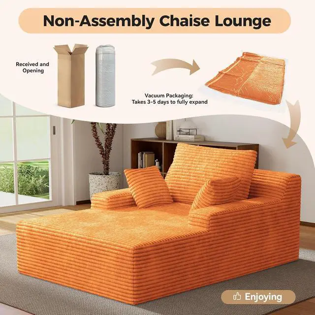 Alt view image 5 of 7 - 51'' Oversized Chaise Lounge Chair Indoor, Non-Assembly Deep Seat Sofa Bed Corduroy Sleeper Cloud Boneless Couch with 2pcs Pillows for Reading Living Room-Orange