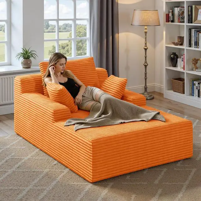 Alt view image 7 of 7 - 51'' Oversized Chaise Lounge Chair Indoor, Non-Assembly Deep Seat Sofa Bed Corduroy Sleeper Cloud Boneless Couch with 2pcs Pillows for Reading Living Room-Orange