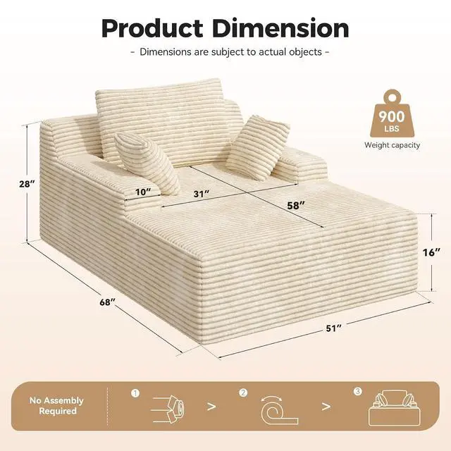 Alt view image 2 of 7 - 51'' Oversized Chaise Lounge Chair Indoor, Non-Assembly Deep Seat Sofa Bed Corduroy Sleeper Cloud Boneless Couch with 2pcs Pillows for Reading Living Room-Khaki