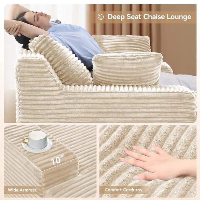 Alt view image 4 of 7 - 51'' Oversized Chaise Lounge Chair Indoor, Non-Assembly Deep Seat Sofa Bed Corduroy Sleeper Cloud Boneless Couch with 2pcs Pillows for Reading Living Room-Khaki