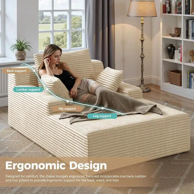 Alt view image 3 of 7 - 51'' Oversized Chaise Lounge Chair Indoor, Non-Assembly Deep Seat Sofa Bed Corduroy Sleeper Cloud Boneless Couch with 2pcs Pillows for Reading Living Room-Khaki