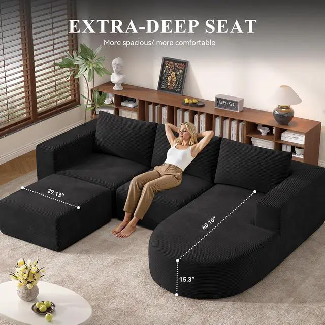 Alt view image 6 of 7 - Boneless Couches for Living Room with Chaise,104" Modular Sectional Sofa with Convertible Ottoman,Cozy Cloud Couch with U-Shaped,Sponge Compression Sofas in a Box,No Assembly Required(Black) 1pcs
