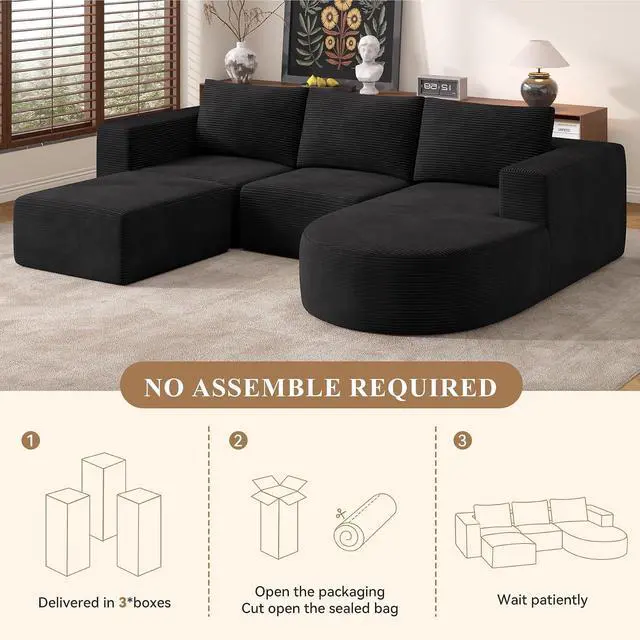 Alt view image 7 of 7 - Boneless Couches for Living Room with Chaise,104" Modular Sectional Sofa with Convertible Ottoman,Cozy Cloud Couch with U-Shaped,Sponge Compression Sofas in a Box,No Assembly Required(Black) 1pcs