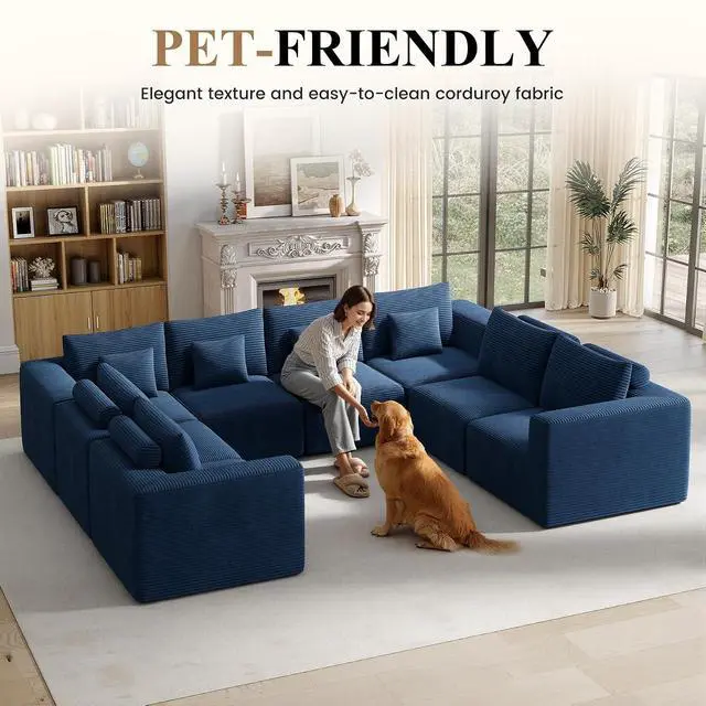 Alt view image 3 of 7 - Modern U Shaped Modular Sectional Sofa, Convertible Oversized Cloud Couches for Living Room, Comfy 8 Seater Corduroy Boneless Couch Sofa Set, No Assembly Required, Beige 1 PCS