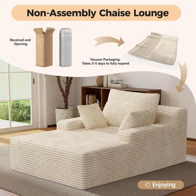 Alt view image 5 of 7 - 51'' Oversized Chaise Lounge Chair Indoor, Non-Assembly Deep Seat Sofa Bed Corduroy Sleeper Cloud Boneless Couch with 2pcs Pillows for Reading Living Room-Khaki