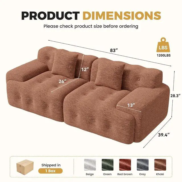 Alt view image 2 of 7 - 83" Boneless Loveseat Sofa in a Box, Modern Small Couch No Assembly Required, Comfy Deep Seat Cloud Couches for Living Room, Bedroom, Apartment, Khaki 1 PCS