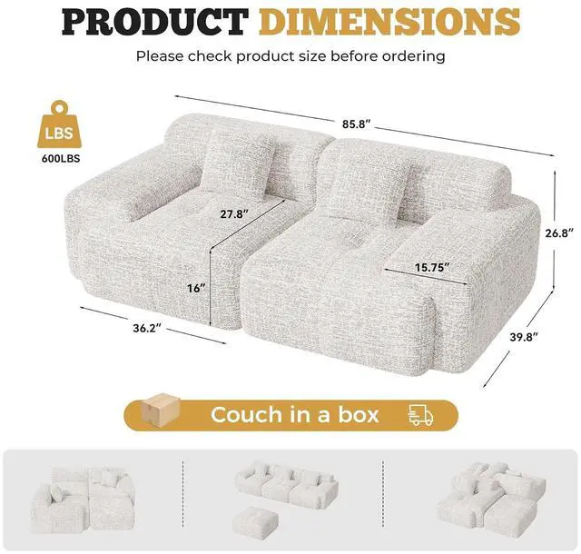 Alt view image 2 of 7 - 85" Cloud Loveseat Sofa in a Box, Modern Small Couch No Assembly Required, Comfy Deep Seat Boneless Couches for Living Room, Bedroom, Apartment, Beige 1 PCS