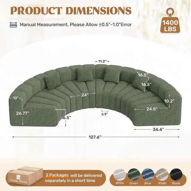 Alt view image 2 of 7 - 128" Oversized Curved Cloud Couch, Modern Compressed Modular Sectional Sofa, 4 Seater Boneless Couches for Living Room, No Assembly Required, Green 1 PCS