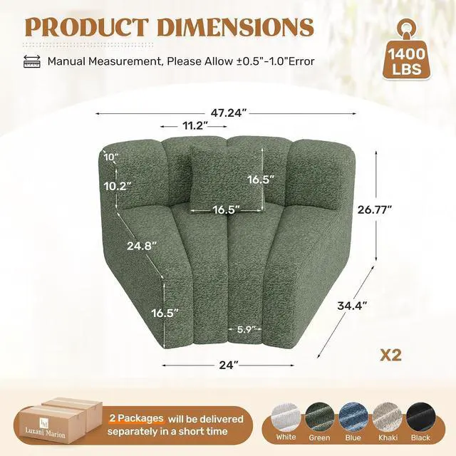 Alt view image 2 of 7 - 2PCS 1/8 Round Modular Sectional Sofa, 2 Seater Modern Curved Cloud Couch Modules, Convertible Boneless Couches for Living Room, No Assembly Required, Green