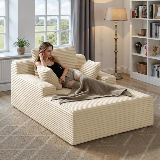 Alt view image 7 of 7 - 51'' Oversized Chaise Lounge Chair Indoor, Non-Assembly Deep Seat Sofa Bed Corduroy Sleeper Cloud Boneless Couch with 2pcs Pillows for Reading Living Room-Khaki