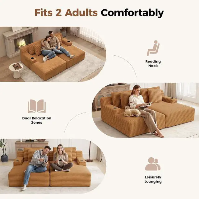 Alt view image 3 of 7 - 80'' Double Chaise Lounge Chair Indoor, Non-Assembly Deep Seat Sofa with Cup Holders Boneless Bed with 4pcs Pillows for Living Room Bedroom, Camel-Corduroy