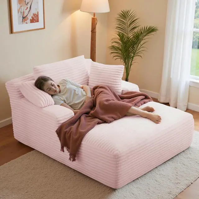 Main image of 51'' Oversized Chaise Lounge Chair Indoor, Non-Assembly Deep Seat Sofa Bed Corduroy Sleeper Cloud Boneless Couch with 2pcs Pillows for Reading Living Room-Pink