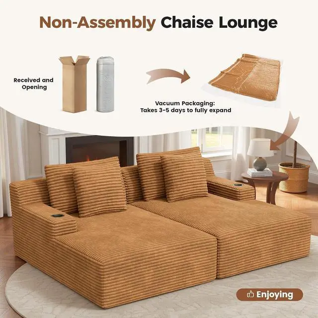 Alt view image 6 of 7 - 80'' Double Chaise Lounge Chair Indoor, Non-Assembly Deep Seat Sofa with Cup Holders Boneless Bed with 4pcs Pillows for Living Room Bedroom, Camel-Corduroy