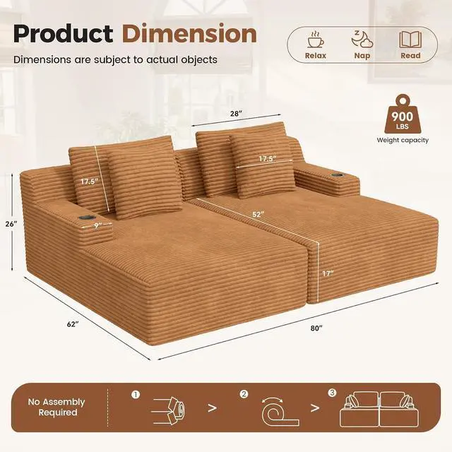 Alt view image 2 of 7 - 80'' Double Chaise Lounge Chair Indoor, Non-Assembly Deep Seat Sofa with Cup Holders Boneless Bed with 4pcs Pillows for Living Room Bedroom, Camel-Corduroy
