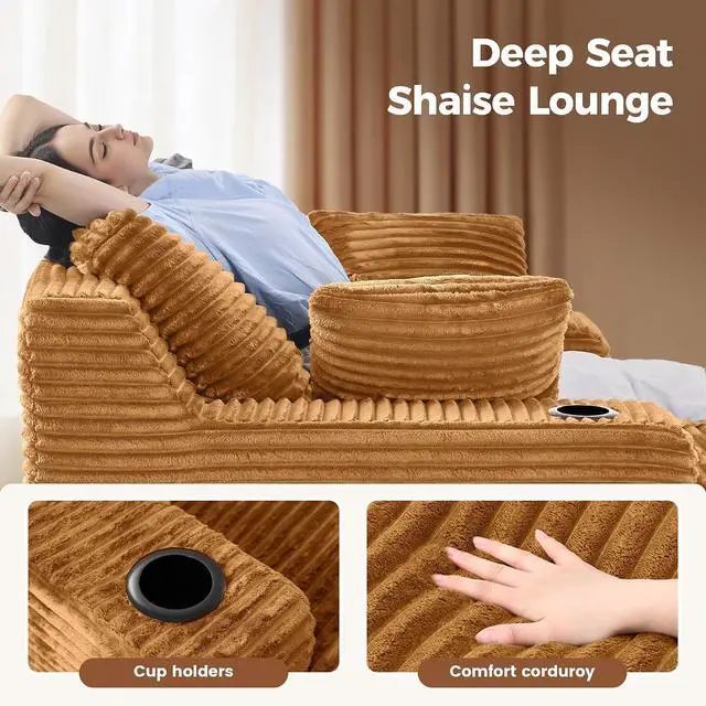 Alt view image 7 of 7 - 80'' Double Chaise Lounge Chair Indoor, Non-Assembly Deep Seat Sofa with Cup Holders Boneless Bed with 4pcs Pillows for Living Room Bedroom, Camel-Corduroy