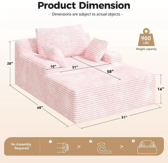Alt view image 2 of 7 - 51'' Oversized Chaise Lounge Chair Indoor, Non-Assembly Deep Seat Sofa Bed Corduroy Sleeper Cloud Boneless Couch with 2pcs Pillows for Reading Living Room-Pink