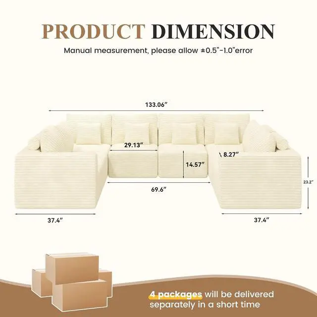 Alt view image 2 of 7 - Modern U Shaped Modular Sectional Sofa, Convertible Oversized Cloud Couches for Living Room, Comfy 8 Seater Corduroy Boneless Couch Sofa Set, No Assembly Required, Beige 1 PCS