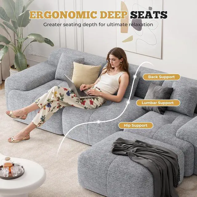 Alt view image 5 of 7 - 158" Modern U Shaped Modular Sectional Sofa, Boneless Couches for Living Room,6 Seater Convertible Chenille Cloud Couch Sofa Set, No Assembly Required, Light Grey 1 PCS