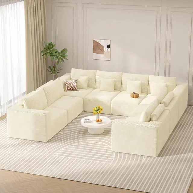 Main image of Modern U Shaped Modular Sectional Sofa, Convertible Oversized Cloud Couches for Living Room, Comfy 8 Seater Corduroy Boneless Couch Sofa Set, No Assembly Required, Beige 1 PCS