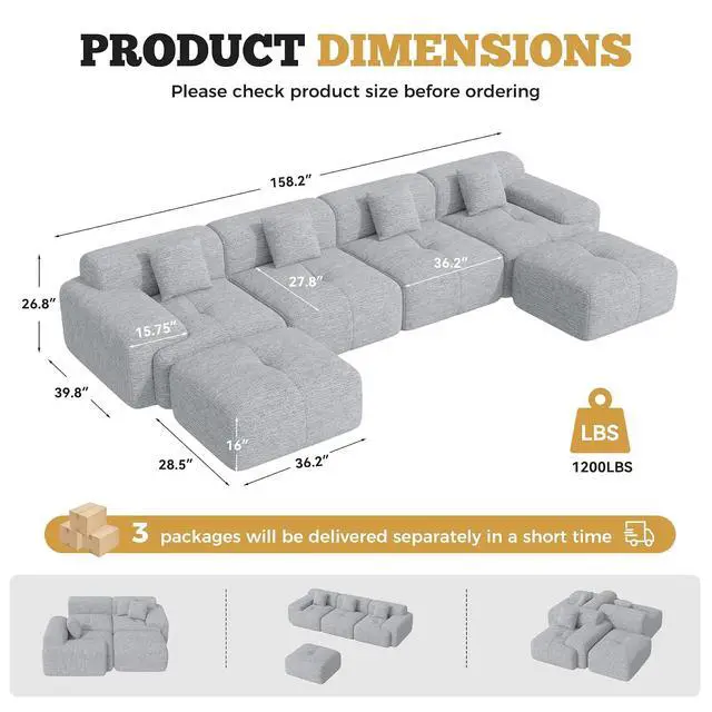 Alt view image 2 of 7 - 158" Modern U Shaped Modular Sectional Sofa, Boneless Couches for Living Room,6 Seater Convertible Chenille Cloud Couch Sofa Set, No Assembly Required, Light Grey 1 PCS