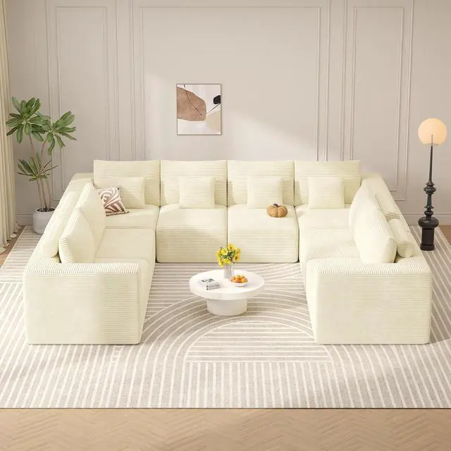 Alt view image 7 of 7 - Modern U Shaped Modular Sectional Sofa, Convertible Oversized Cloud Couches for Living Room, Comfy 8 Seater Corduroy Boneless Couch Sofa Set, No Assembly Required, Beige 1 PCS