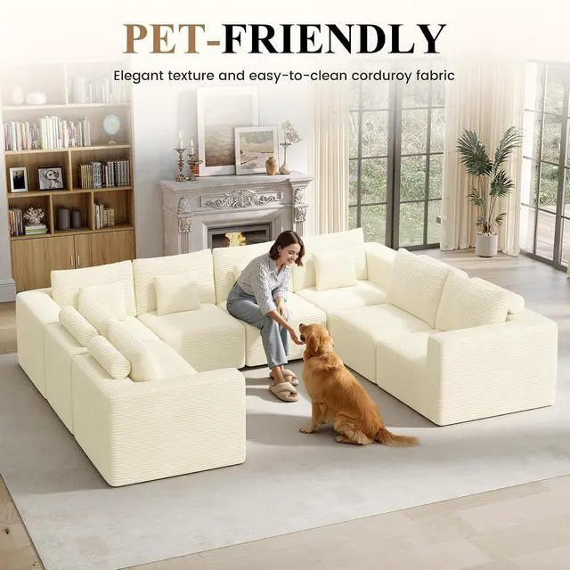 Alt view image 4 of 7 - Modern U Shaped Modular Sectional Sofa, Convertible Oversized Cloud Couches for Living Room, Comfy 8 Seater Corduroy Boneless Couch Sofa Set, No Assembly Required, Beige 1 PCS