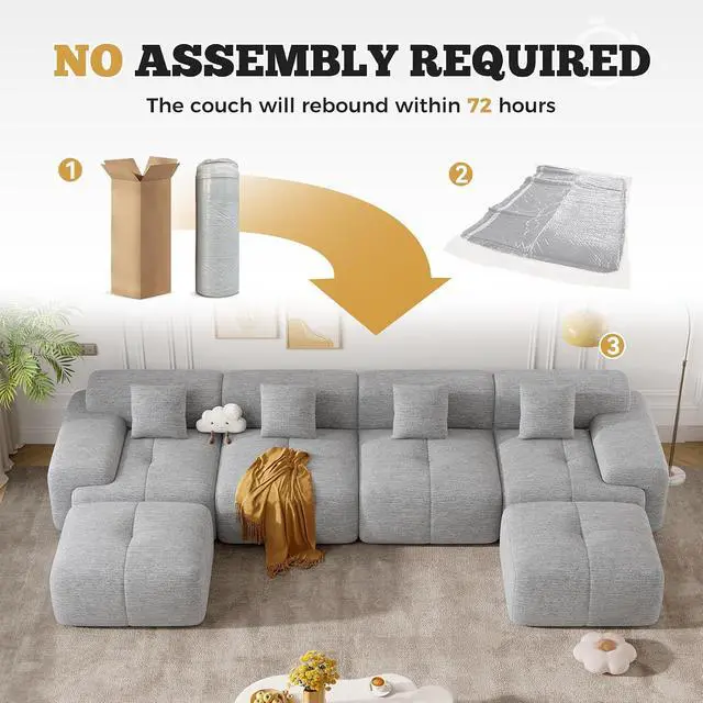 Alt view image 7 of 7 - 158" Modern U Shaped Modular Sectional Sofa, Boneless Couches for Living Room,6 Seater Convertible Chenille Cloud Couch Sofa Set, No Assembly Required, Light Grey 1 PCS