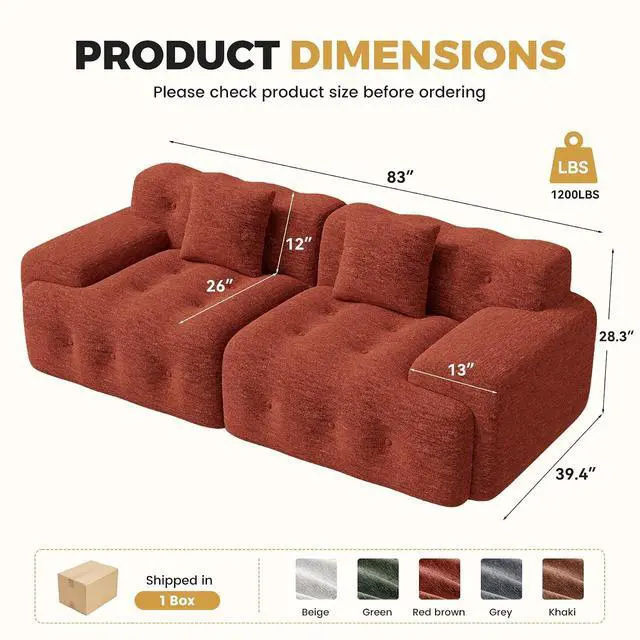 Alt view image 2 of 7 - 83" Boneless Loveseat Sofa in a Box, Modern Small Couch No Assembly Required, Comfy Deep Seat Cloud Couches for Living Room, Bedroom, Apartment, Red Brown1 PCS