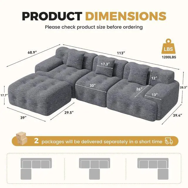 Alt view image 2 of 7 - 113" Modern Boneless Couches for Living Room, L Shaped Cloud Couch Sectional, Chenille Convertible Modular Sofa Set, No Assembly Required, Dark Grey 1 PCS