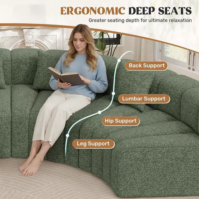 Alt view image 4 of 7 - Oversized Curved Cloud Couch, 8 Seater Modern Round Modular Sectional Sofa, Convertible Boneless Couches for Living Room, No Assembly Required, Green 1 PCS