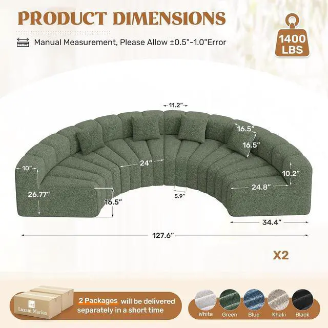 Alt view image 2 of 7 - Oversized Curved Cloud Couch, 8 Seater Modern Round Modular Sectional Sofa, Convertible Boneless Couches for Living Room, No Assembly Required, Green 1 PCS