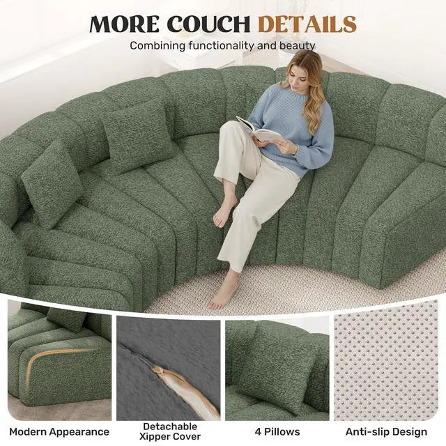 Alt view image 6 of 7 - Oversized Curved Cloud Couch, 8 Seater Modern Round Modular Sectional Sofa, Convertible Boneless Couches for Living Room, No Assembly Required, Green 1 PCS