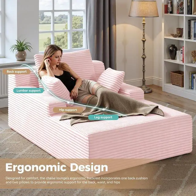 Alt view image 3 of 7 - 51'' Oversized Chaise Lounge Chair Indoor, Non-Assembly Deep Seat Sofa Bed Corduroy Sleeper Cloud Boneless Couch with 2pcs Pillows for Reading Living Room-Pink
