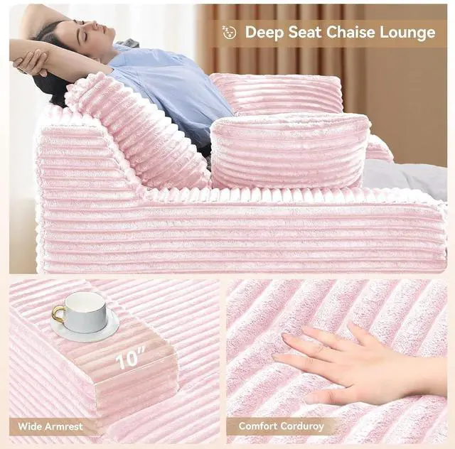 Alt view image 4 of 7 - 51'' Oversized Chaise Lounge Chair Indoor, Non-Assembly Deep Seat Sofa Bed Corduroy Sleeper Cloud Boneless Couch with 2pcs Pillows for Reading Living Room-Pink