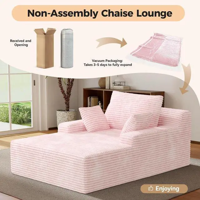 Alt view image 5 of 7 - 51'' Oversized Chaise Lounge Chair Indoor, Non-Assembly Deep Seat Sofa Bed Corduroy Sleeper Cloud Boneless Couch with 2pcs Pillows for Reading Living Room-Pink