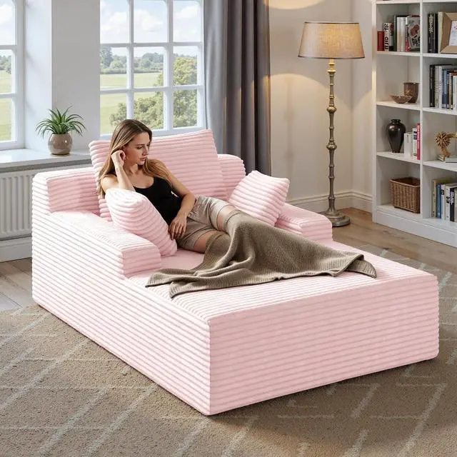 Alt view image 7 of 7 - 51'' Oversized Chaise Lounge Chair Indoor, Non-Assembly Deep Seat Sofa Bed Corduroy Sleeper Cloud Boneless Couch with 2pcs Pillows for Reading Living Room-Pink