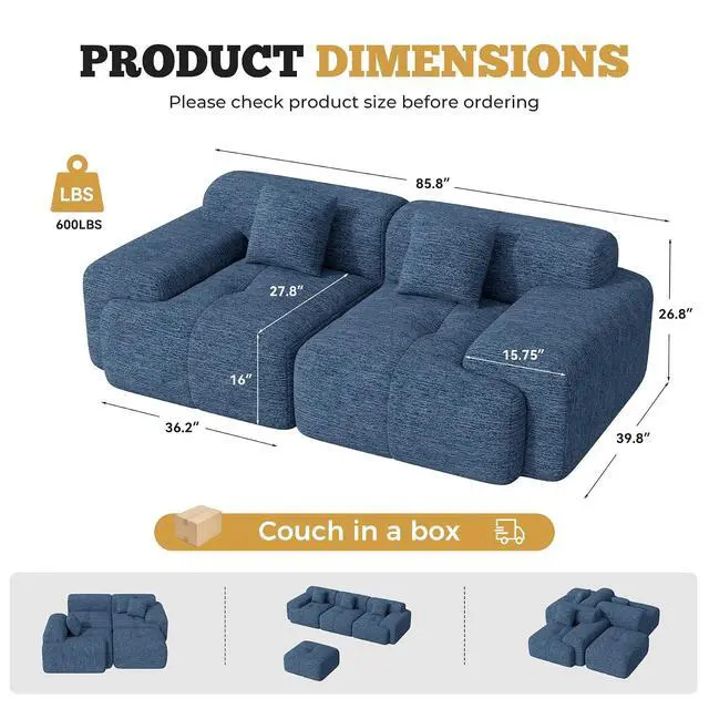 Alt view image 2 of 7 - 85" Cloud Loveseat Sofa in a Box, Modern Small Couch No Assembly Required, Comfy Deep Seat Boneless Couches for Living Room, Bedroom, Apartment, Blue 1 PCS