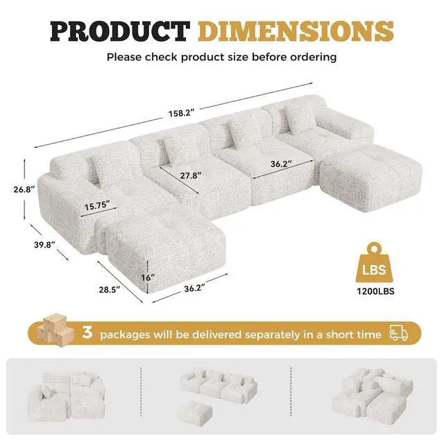 Alt view image 2 of 7 - 158" Modern U Shaped Modular Sectional Sofa, Boneless Couches for Living Room with Ottoman,6 Seater Convertible Chenille Cloud Couch Sofa Set, No Assembly Required, Beige 1 PCS