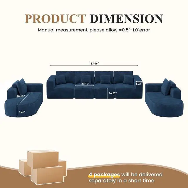 Alt view image 2 of 7 - Living Room Furniture Sets,Modern U Shaped Modular Sectional Sofa,Convertible Cloud Couches for Living Room,Comfy 4 Seater with 2 Chaise Furniture Set, Boneless Couch Sofa,1 PCS